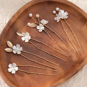 6-piece handmade golden floral hair pins with white pearls and leaves for bridal styling