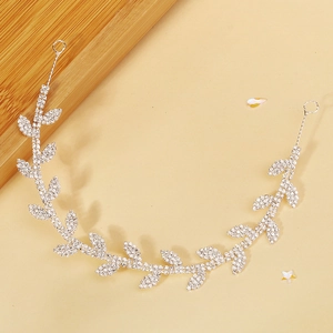 Serre-tête de mariée argenté avec feuilles en strass étincelantes et design en métal