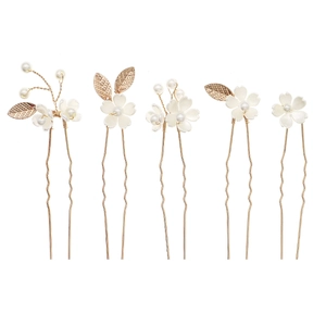 5-piece gold bridal hair pin set with handmade white flowers and pearls for weddings