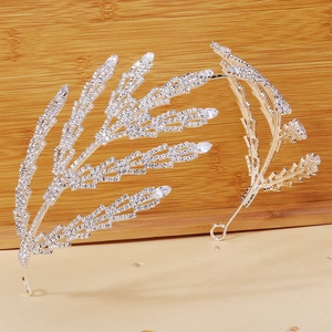 Détails macro d'un diadème argenté avec feuilles en zircons et pavé de cristaux brillants