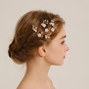 Vintage Gold Leaf Flower Hairpins With Faux Artificial Pearls Handmade Wedding Bridal Hair Accessories For Women Hanfu Headpiece