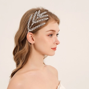 Luxueuse Tiare de Mariée Couronne Design Branche de Feuilles Alliage Argent Strass Zirconia Serre-tête Accessoires Cheveux Femme