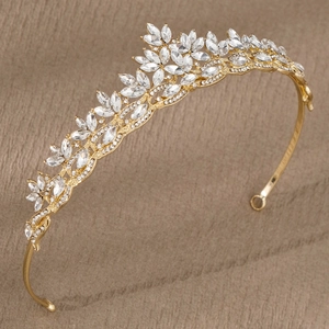 Couronne de mariée élégante en or avec grappes de cristaux marquise pour mariage et fête