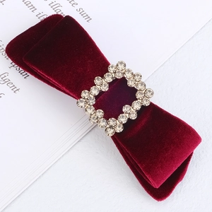 Elegant burgundy red velvet bow hair clip with a sparkling square rhinestone center buckle