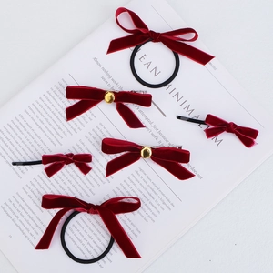 Classic red velvet bow hair clip set with hair ties and gold bead clips for women
