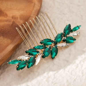 Peigne à cheveux mariée vintage avec strass vert émeraude et feuilles dorées