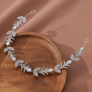 Serre-tête de mariée étincelant avec feuilles en zircon argenté et strass sur plateau