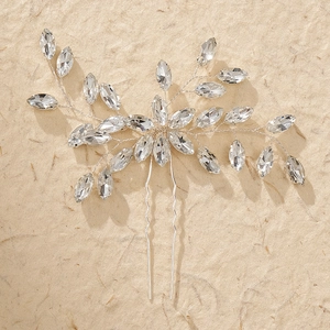 Épingle à Cheveux en U Argentée Faite Main avec Strass Cristal Taille Marquise Feuille Accessoires Cheveux Mariage Femme