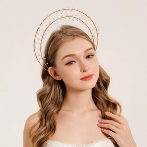 Handmade Gold Halo Crown Headband With Imitation Artificial Pearls Sun Goddess Headpiece For Wedding Party Performance Women Hair Accessories