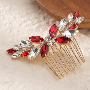 Peigne à cheveux de mariée doré avec cristaux marquise rouges et clairs en feuilles