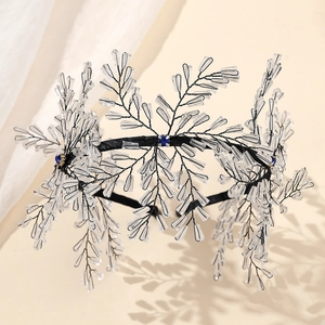 Exquisite bridal headband with black wire mesh, crystal beads, and blue accents
