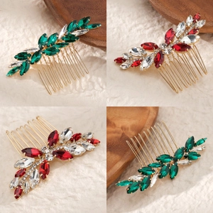 Peigne à Cheveux de Mariée en Alliage Strass Forme de Feuille Accessoire Cheveux Mariage pour Femmes Or Rouge Vert Cristal
