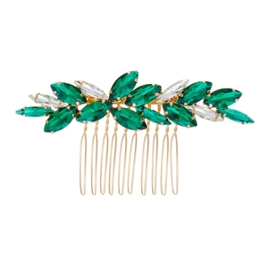Peigne à cheveux de mariée avec strass marquise vert émeraude sur base en métal doré
