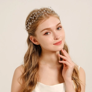 Serre-tête de mariée fait main avec perles en cristal et fil argenté pour accessoires cheveux
