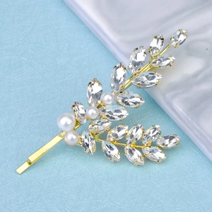 Elegant gold metal hair clip with crystal wheat ear design and white pearls for women