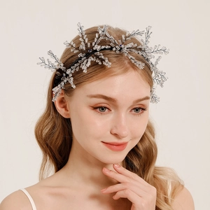 Handmade Bridal Snowflake Hair Band Crystal Bead Headband Exaggerated Branch Hair Accessories For Wedding Banquet Women