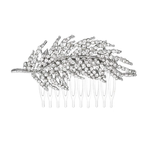 Elegant silver feather hair comb with sparkling rhinestones for bridal hairstyle