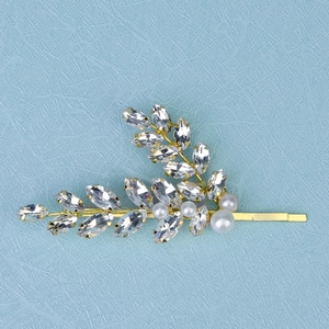 Golden wheat ear hair clip with white pearls and sparkling crystals for women