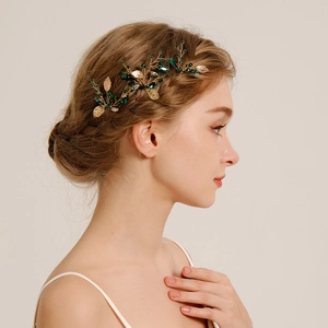 Handmade Hair Sticks Green Crystal Gold Leaf Copper Wire Bridal Wedding Forest Style Elegant Women Hair Accessories Collection