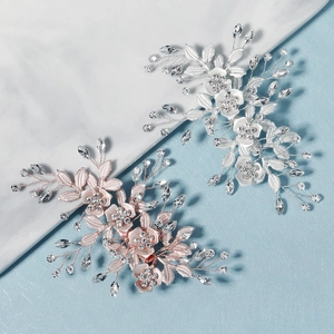 Pince à Cheveux en Alliage Faite à la Main Fleurs et Feuilles en Cristal Mariée Mariage Strass Clip Bec de Canard Femme