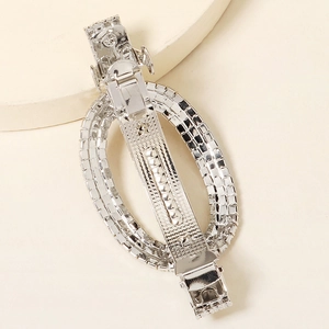 Detailed back view of a silver spring hair clip showing the metal mechanism and hinge