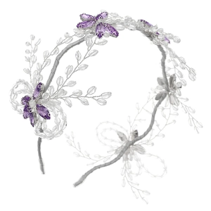 Handmade bridal headband with purple crystal flowers and silver wire leaf accents