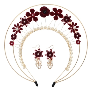 Vintage red velvet flower headband and pearl earring set with triple gold rings