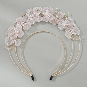 Elegant triple-layer gold bridal headband with handmade white petals and pearls