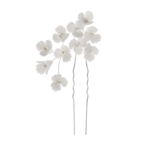Épingle à cheveux fleur blanche faite main avec perle argentée et double broche ondulée