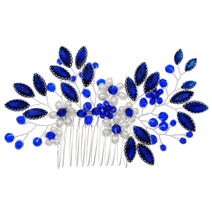 Peigne à cheveux de mariée avec cristaux bleu roi et perles blanches en fil d'argent