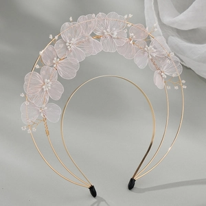 Elegant gold bridal headband featuring three tiers of handmade pink mesh flowers and pearls
