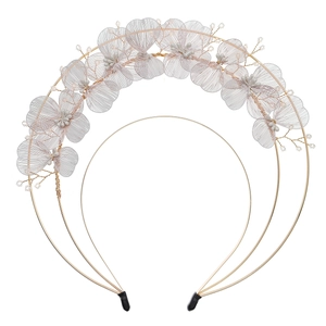 Serre-tête de mariée doré avec fleurs en maille métallique à trois couches fait à la main