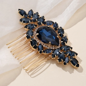 Peigne à cheveux de mariée avec cristaux bleu foncé et strass sur base dorée