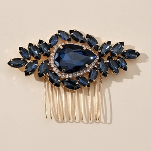 Peigne à cheveux de mariée doré avec strass bleu foncé et gemme en forme de larme