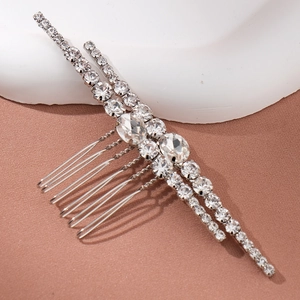 Elegant bridal hair comb with double-row sparkling rhinestones in a silver metal finish