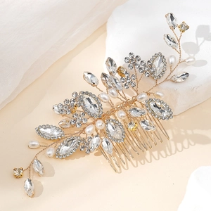 Peigne à cheveux de mariée élégant avec fil doré, cristaux et perles blanches