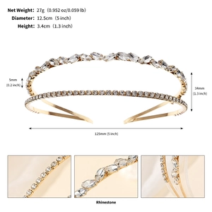 Macro detail of double-layer rhinestone bridal tiara with specific size and weight specs