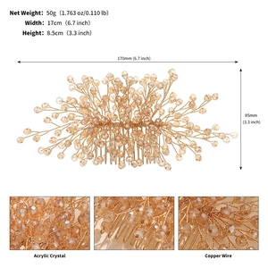 Detail view of champagne acrylic crystals and copper wire floral wedding hair comb