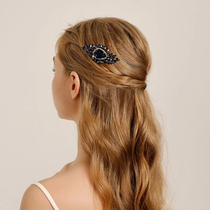 Vintage Gold Alloy Hair Comb With Blue Teardrop Rhinestone Elegant Bridal Headpiece Wedding Party Hair Accessory For Women