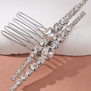 Peigne à cheveux de mariée argenté élégant avec deux rangées de strass et cristaux ovales