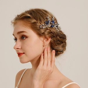 Elegant Blue Rhinestone Leaf Bridal Hair Comb Handmade Alloy Silver Tone Wedding Hair Accessories For Women Banquet