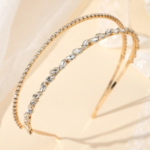 Double Layer Rhinestone Bridal Headband Alloy Gold Plated Elegant Tiara Crown For Wedding Party Women Hair Accessories