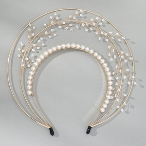 Handmade bridal double-layer headband with elegant pearls and golden floral metallic details