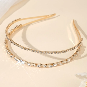 Elegant gold double-layered headband with sparkling rhinestones and crystal crown design