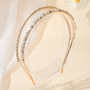 Elegant double-layered gold bridal headband with sparkling rhinestones for wedding hair