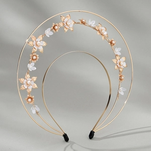 Exquisite double-layered gold floral headband with pearls for weddings and photography