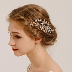 Peigne à Cheveux Mariée de Luxe Avec Feuille de Strass et Künstliche Perle d'Imitation Fil Métallique Doré Fait Main Accessoire Cheveux Mariage Femme