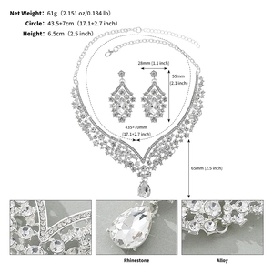 Detailed macro view of silver rhinestone necklace set showing dimensions and alloy materials