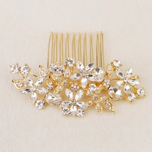 Peigne à cheveux de mariée exquis avec motifs floraux dorés et strass en cristal brillants