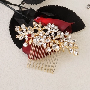 Peigne à cheveux de mariée élégant en alliage doré avec strass blancs et fleurs